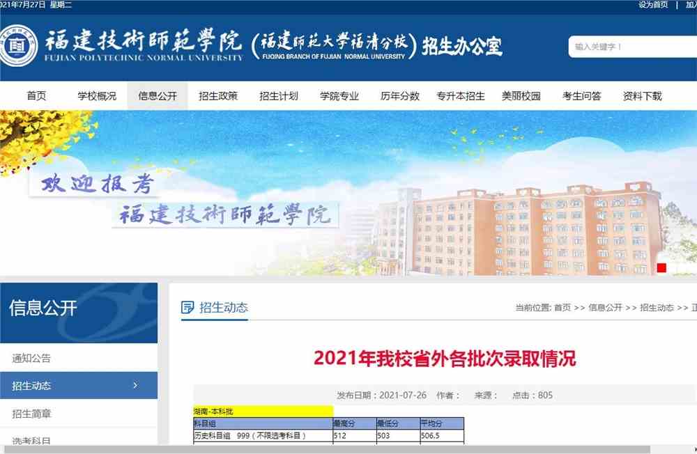 2021年福建技术师范学院省外各批次录取情况