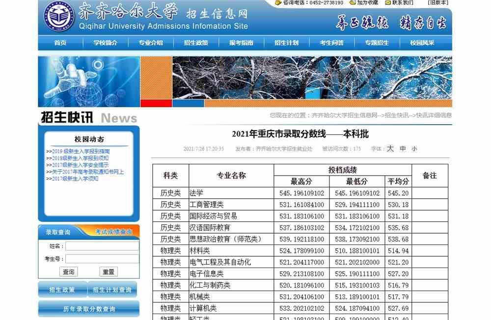 齐齐哈尔大学2021年重庆市录取分数线——本科批