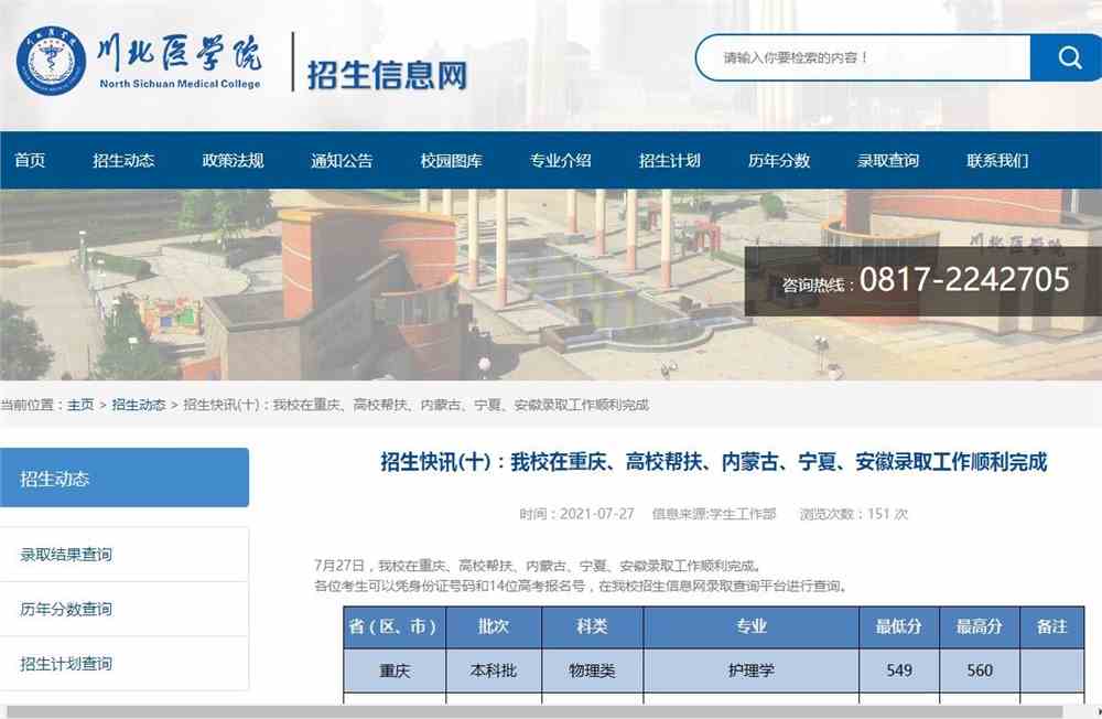 川北医学院2021在重庆、高校帮扶、内蒙古、宁夏、安徽录取分数