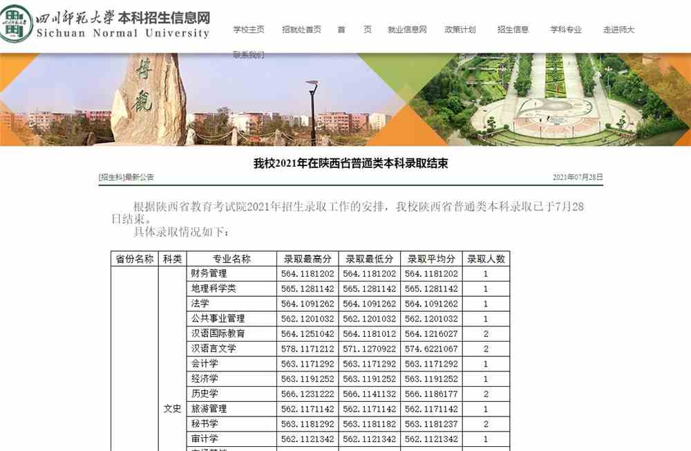 四川师范大学2021年在陕西省普通类本科录取分数