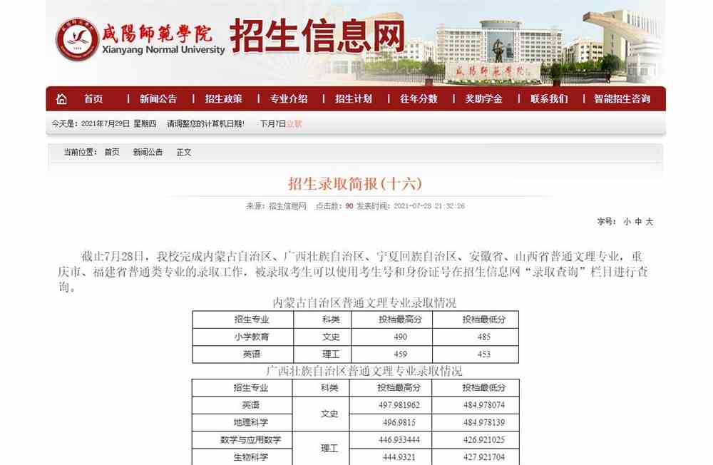 咸阳师范学院2021年招生录取简报(十六)