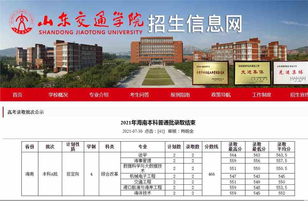 山东交通学院2021年海南本科普通批各专业录取分数