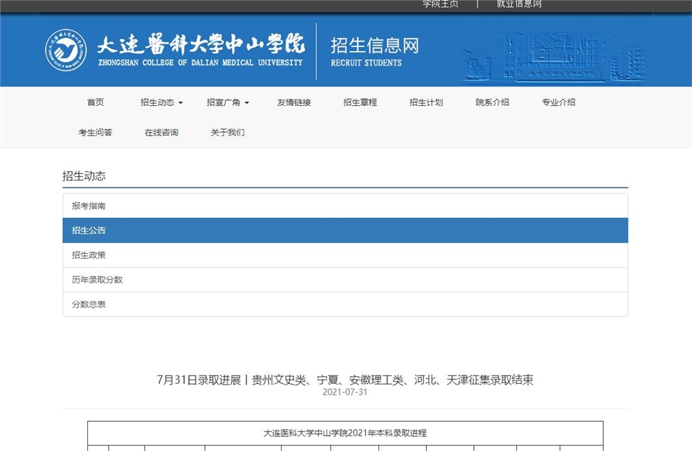 大连医科大学中山学院2021贵州文史类、宁夏、安徽理工类、河北、天津征集录取结束