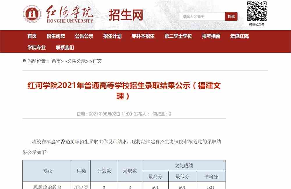 红河学院2021年（福建文理）普通高等学校招生录取结果公示
