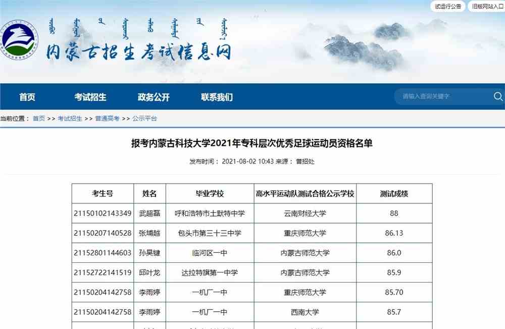 报考内蒙古科技大学2021年专科层次优秀足球运动员资格名单