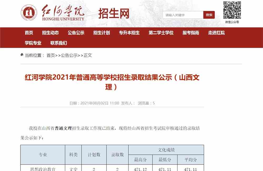 红河学院2021年（山西文理）普通高等学校招生录取结果公示