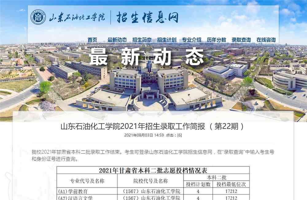 山东石油化工学院2021年招生录取工作简报 （第22期）