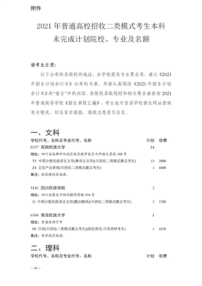 2021四川普通高校招收二类模式考生本科未完成计划院校征集志愿的通知