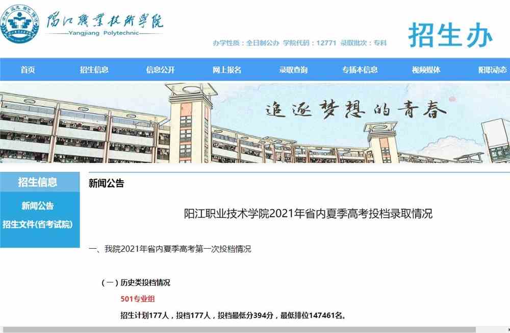 阳江职业技术学院2021年省内夏季高考投档录取情况