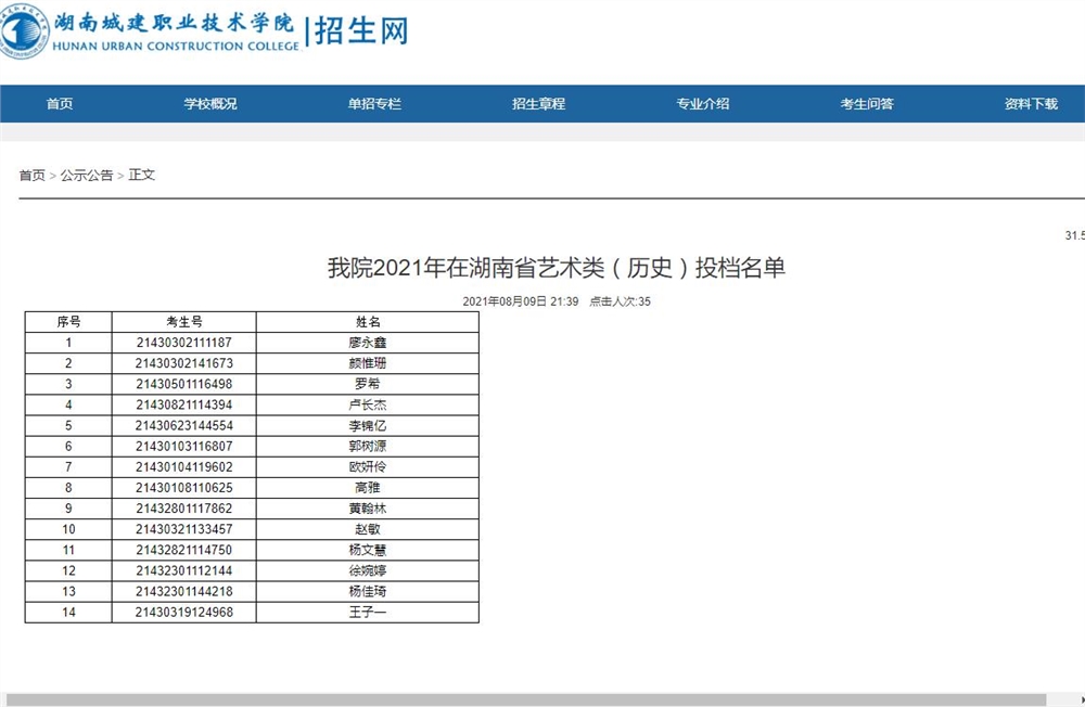 湖南城建职业技术学院2021年在湖南省艺术类（历史）投档名单