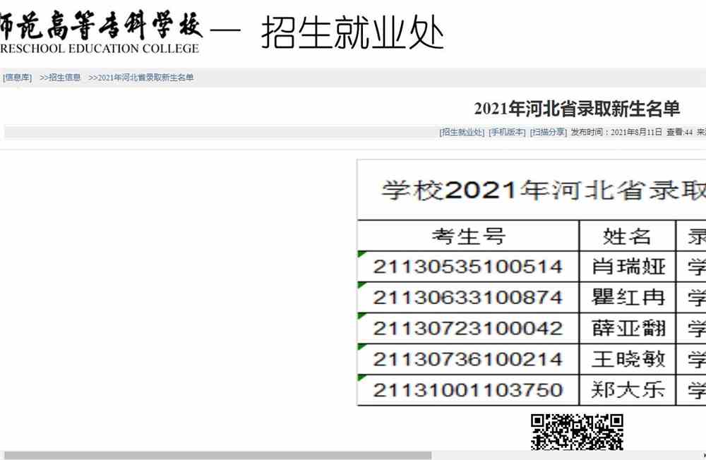 川南幼儿师范高等专科学校2021年河北省录取新生名单