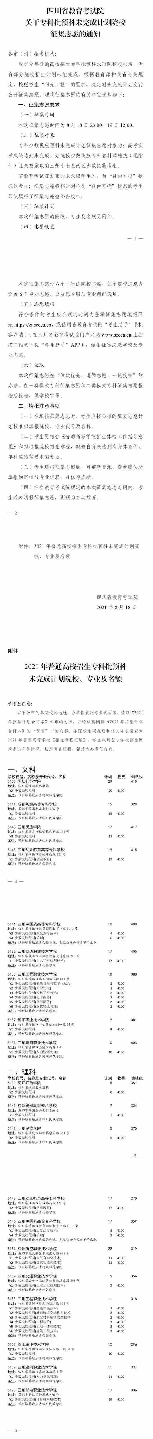四川:关于专科批预科未完成计划院校征集志愿的通知