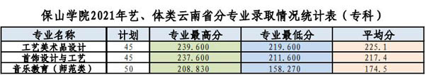 保山学院2021年艺术类本科专业录取分数线