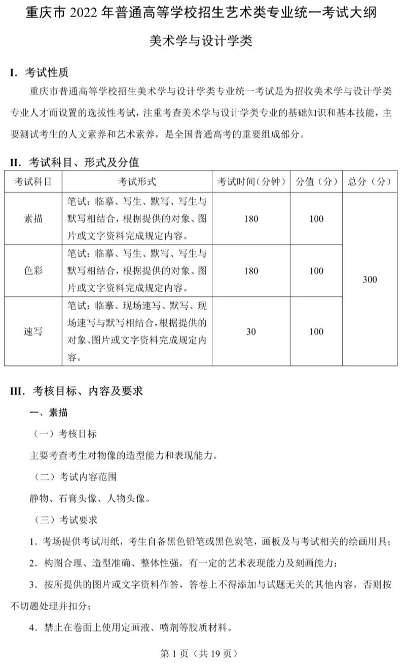 重庆市2022年艺术类专业统一考试大纲已发布