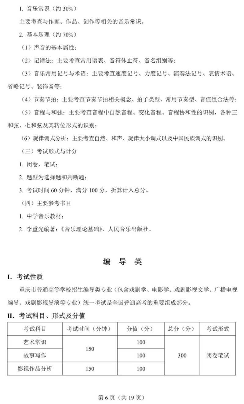 重庆市2022年艺术类专业统一考试大纲已发布