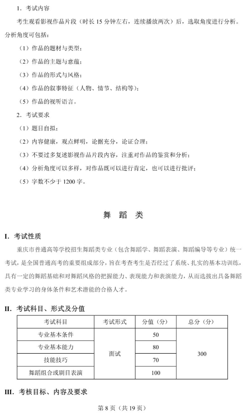 重庆市2022年艺术类专业统一考试大纲已发布