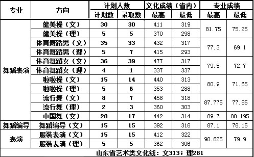 山东体育学院2017年山东省艺术类本科专业录取分数线