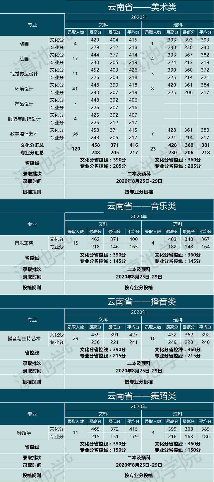 云南大学滇池学院2020年艺术类本科专业录取分数线