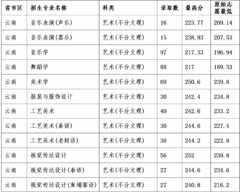 云南民族大学2021年艺术类本科专业录取分数线