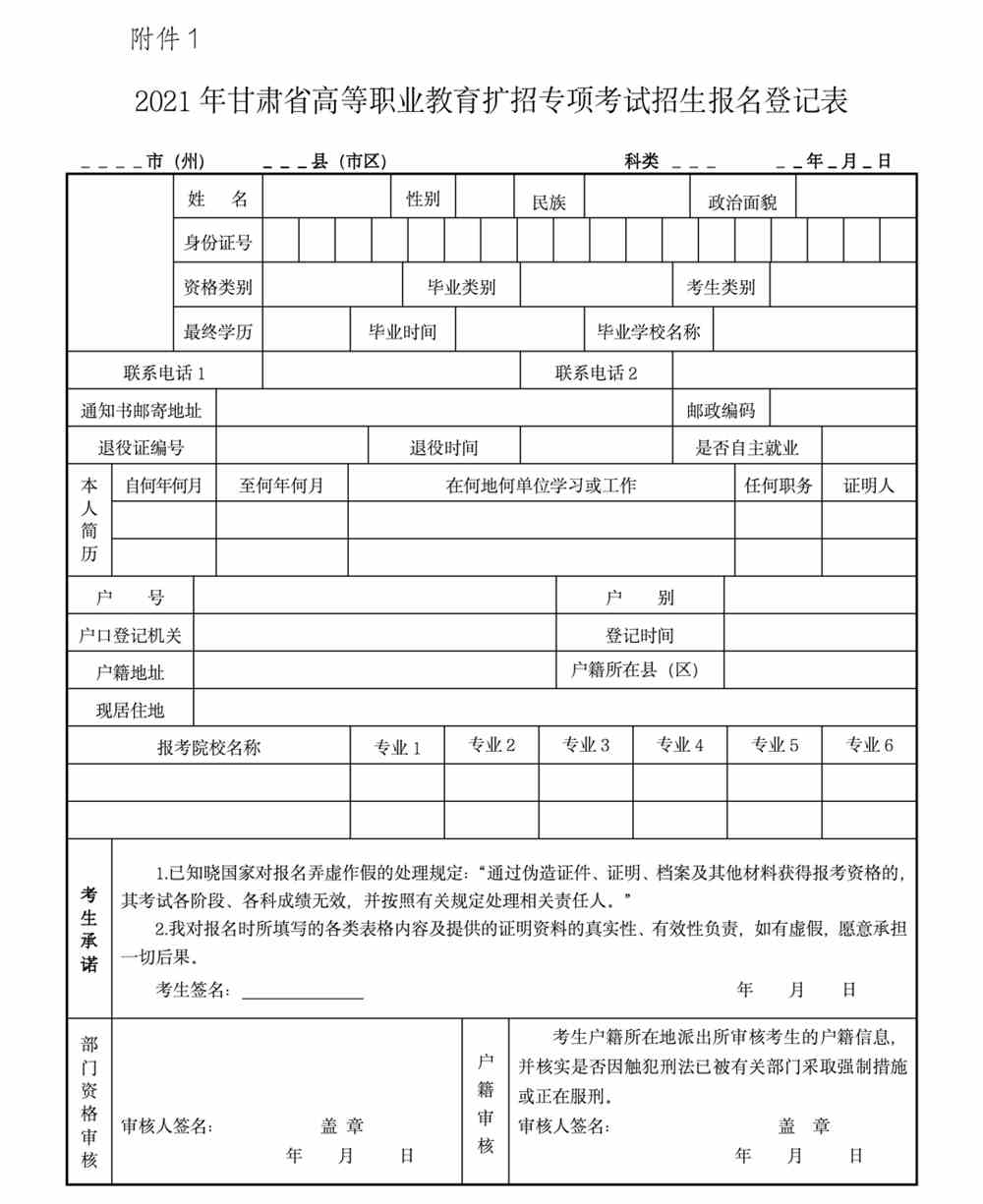 甘肃：2021年高等职业教育扩招专项报名考试工作公告