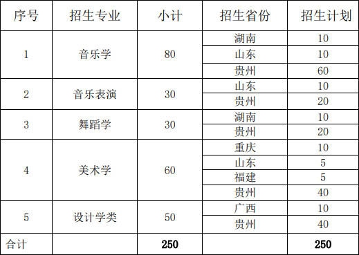 凯里学院2020年艺术类本科专业招生人数