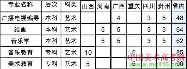 汉江师范学院2018年艺术类分省分专业招生计划