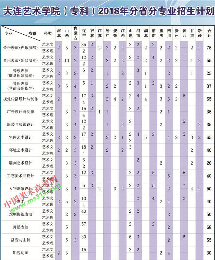 2018年大连艺术学院艺术类专业招生计划