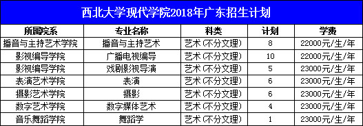 西北大学现代学院2018年艺术类本科招生计划