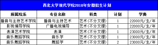 西北大学现代学院2018年艺术类本科招生计划