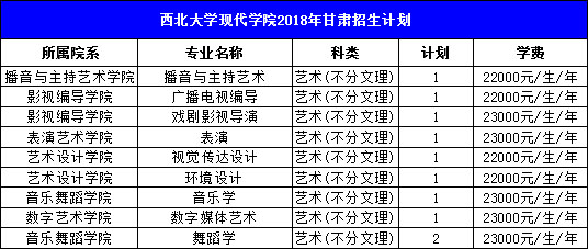 西北大学现代学院2018年艺术类本科招生计划