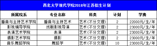 西北大学现代学院2018年艺术类本科招生计划