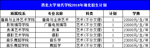 西北大学现代学院2018年艺术类本科招生计划