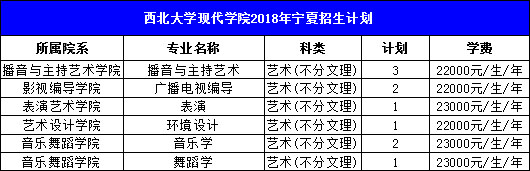 西北大学现代学院2018年艺术类本科招生计划