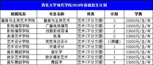 西北大学现代学院2018年艺术类本科招生计划