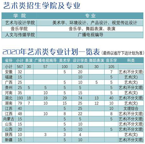 湖北科技学院2020年艺术类本科专业招生计划