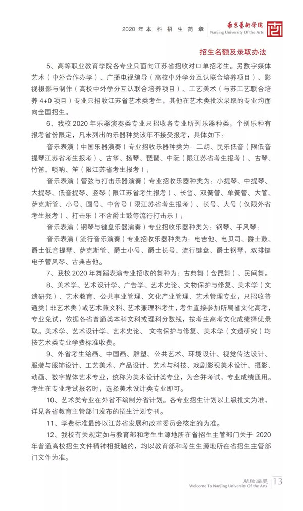 2020年南京艺术学院本科专业招生计划与录取办法