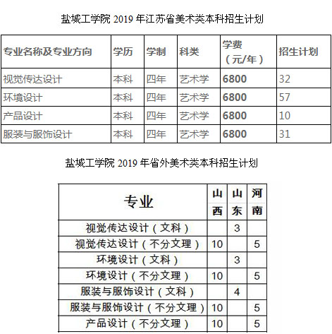 2019年盐城工学院美术类本科招生计划