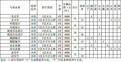 遵义师范学院2020年艺术类本科专业招生计划