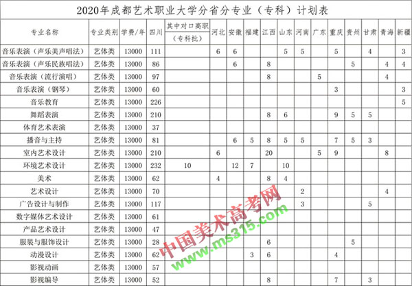 成都艺术职业大学2020年艺术类专业招生计划