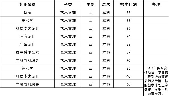 武夷学院2020年艺术类本科专业招生计划