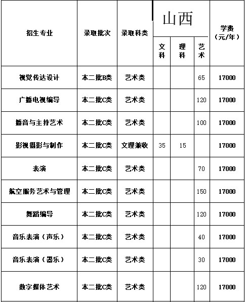 山西工商学院2020年艺术类本科招生计划