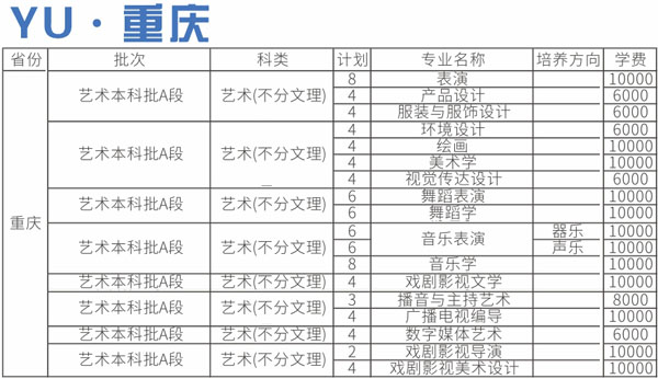 四川师范大学2020年艺术类本科专业招生计划