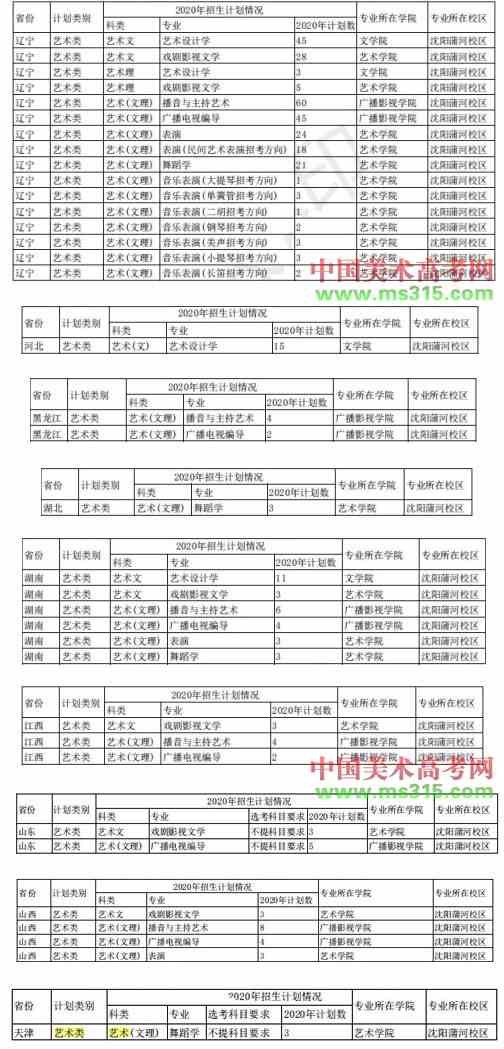 辽宁大学2020年艺术类本科专业招生计划
