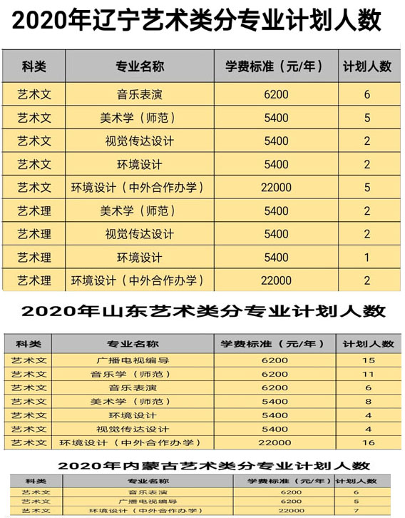 白城师范学院2020年艺术类专业招生计划