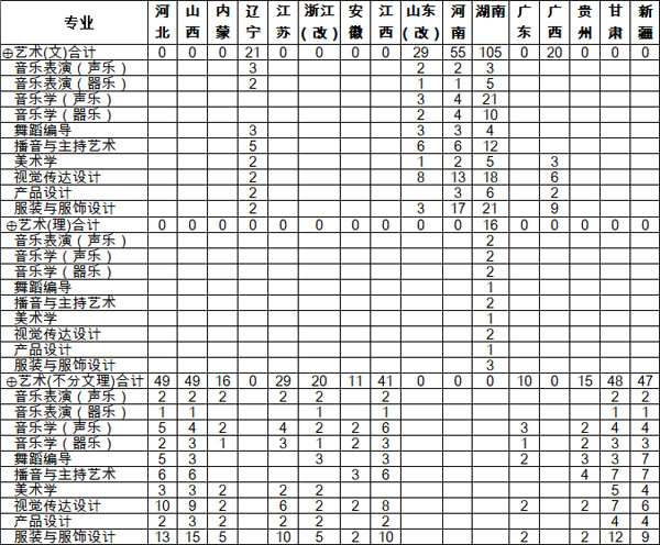 湖南女子学院2020年艺术类本科分省分专业招生计划