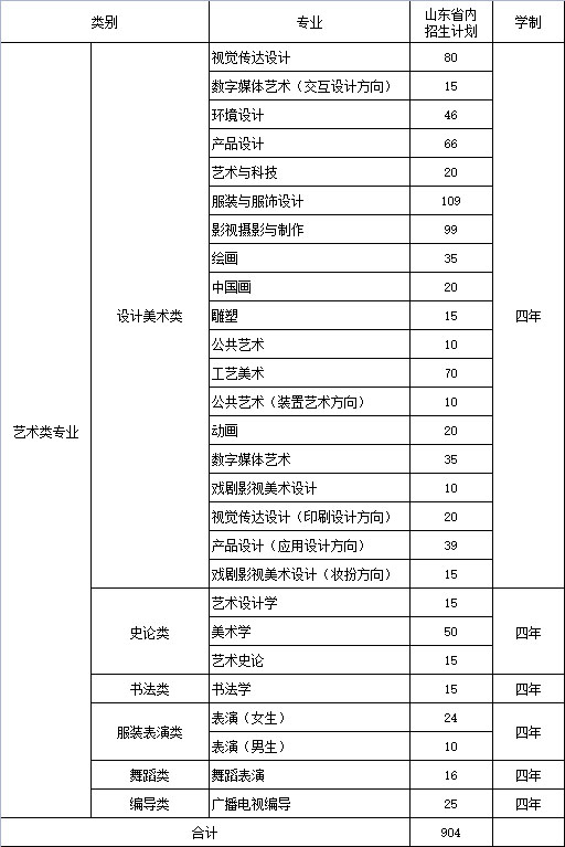 山东工艺美术学院2021年山东省内本专科招生计划