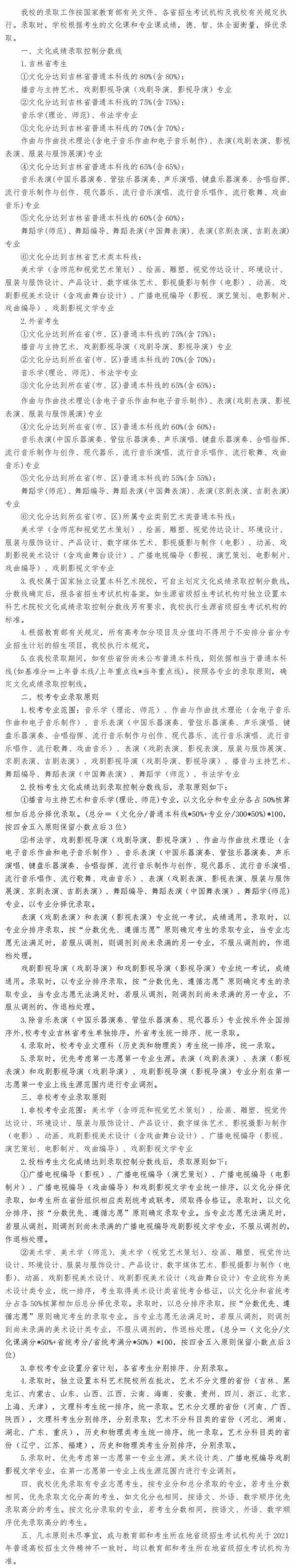 吉林艺术学院2021年本科专业招生计划