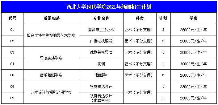 西北大学现代学院2021年艺术类本科专业招生计划