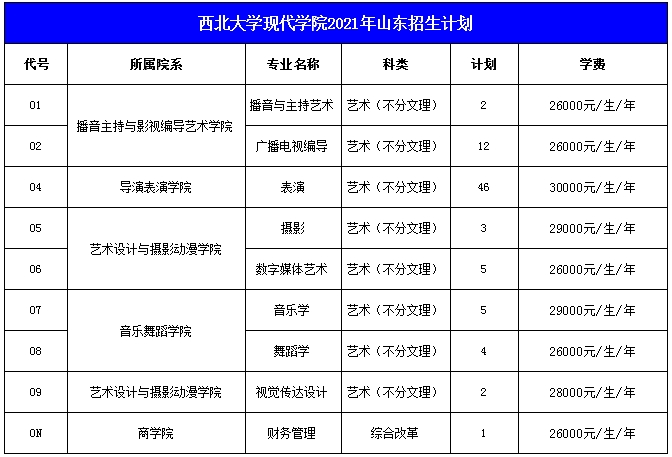 西北大学现代学院2021年艺术类本科专业招生计划