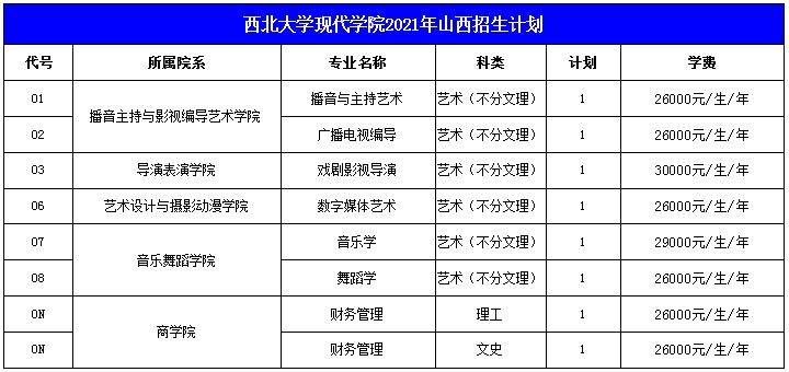 西北大学现代学院2021年艺术类本科专业招生计划